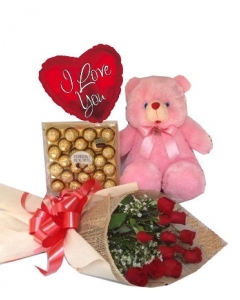 12 Red Roses+ 2ft teddy +Ferrero Rocher+ Balloon