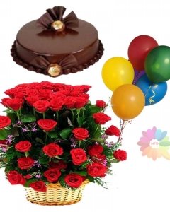 36 red roses basket& cake and 5 birthday balloons