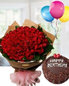 50 red rose bunch , chocolate cake & happy birthday ballons
