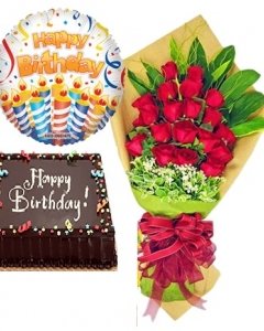 24 Red Roses with Triple Delight/chocolate Cake and Balloon