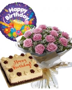 12 Pink Roses  with Mocha Cake & ballon