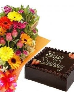 Square Cake with Mixed Flower Bunch