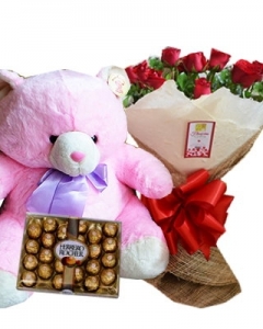 12 Red Rose w/ 2ft pink Bear & 24 Ferrero Chocolate