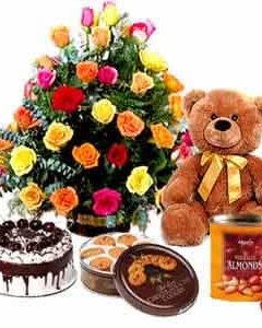Basket 24 mix roses, 1/2 kg cake, teddy, cookies, chocolates
