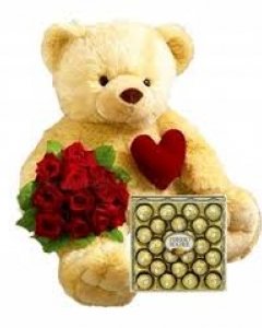 24" teddy, 12 roses bunch , pillow & 24 ferrero