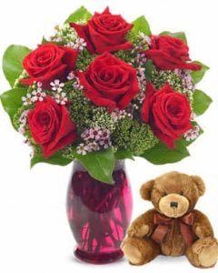 6 holland roses w/small teddy