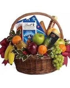 Basket of fruit 6 items,3 lindt bar & 100 g toblerone , cookies box